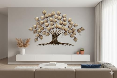 Image of Bharat Art Big Tree Metal Wall Art with LED Light | Handcrafted Iron Tree Wall Hanging for Living Room, Bedroom, Hall, Office & Entrance | Pan Tree 2 Golden (W244) | Size: 58x2x36 Inch - W244