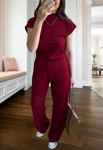 Image of Women's 2 Piece Outfits Casual Summer Cap Sleeve Ribbed Pant Sets Tracksuit