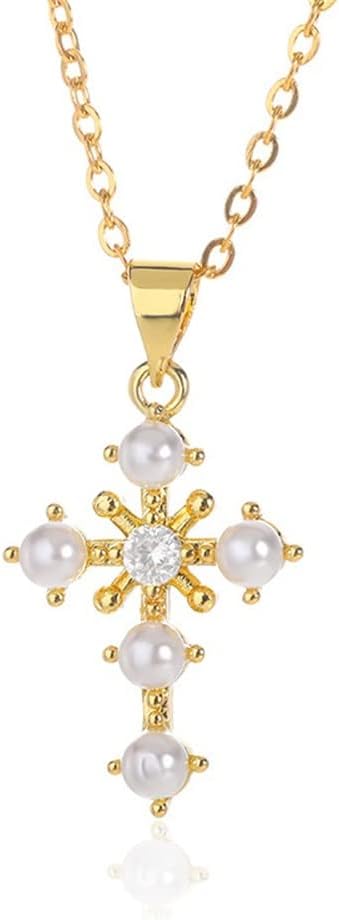 Pearl Cross Necklace Religion Faith Protection Jewelry for Women Inspirational Baptism Gifts 18K Gold Plated Chain