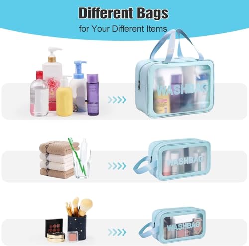 Image of Wazdorf Cosmetic Pouch Bag - Large Waterproof Wash Bag with Handle, Translucent Cosmetic Organizer for Makeup, Brushes & Accessories - Unisex Storage Pouch for Travel & Bathroom Use (Blue-3 Pcs)