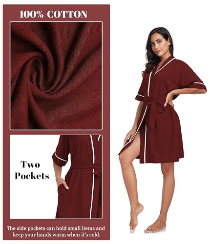 Image of ANLIQI Womens 100% Cotton Robes Lightweight Summer Short Sleeve Lady Bathrobe Knee Length Kimono Robe Sleepwear with Pockets