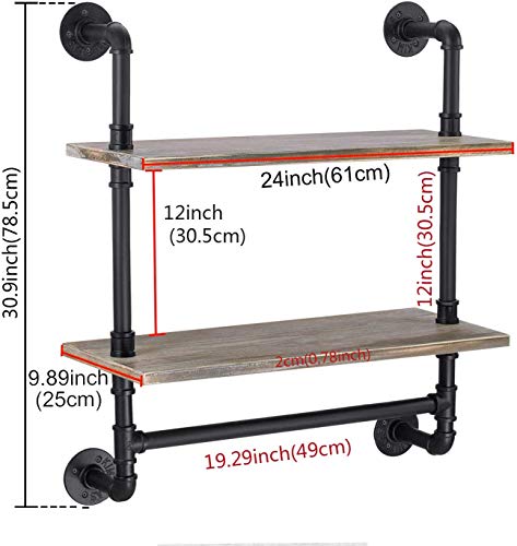 Elibbren Industrial Pipe Shelf, Rustic Wall Mounted Shelving with Towel Bar Rack for Bathroom, 2-Layer Wood Bookshelf, Pipe Shelving for Kitchen(Wooden Board contained)
