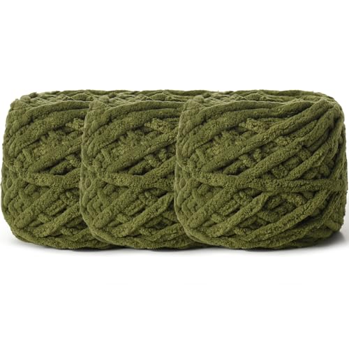 3 Pack Plush Chenille Chunky Yarn 100g (49.2yd) - Fluffy Velvet Yarn Crochet for Blanket Knitting and Crocheting - Baby Yarns for Crocheting Soft - Amigurumi Yarns (Army Green)