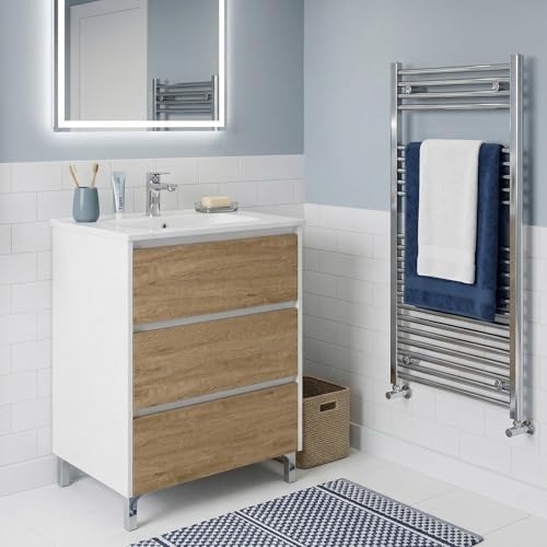 SANIVERRE LISBONA Meuble Vasque sur Pied L.60 cm Blanc Laqué 3 Tiroirs Chêne Naturel (sans Colonne) Collection Salle de Bain