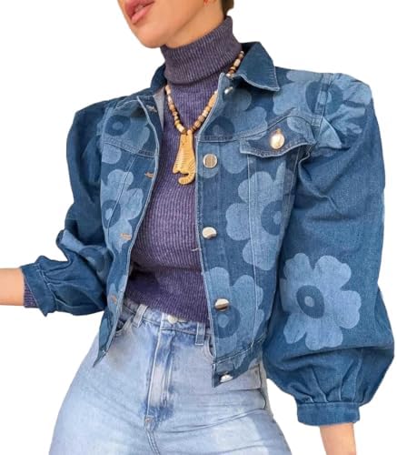 Wuitrie Blue Jean Jackets for Women Floral Button Down Long Sleev...