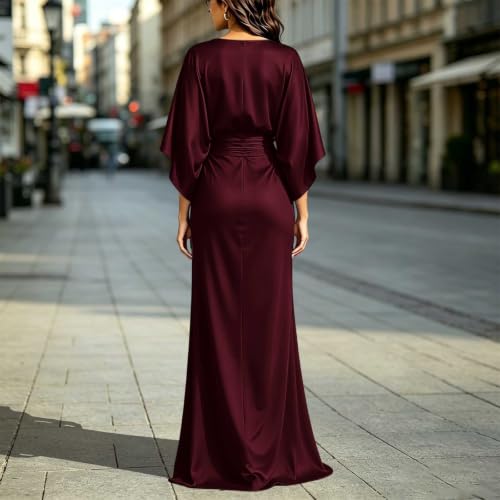 Women's Batwing Sleeve Maxi Dress Soft High Waist Evening Gown 2026 Red - image 2
