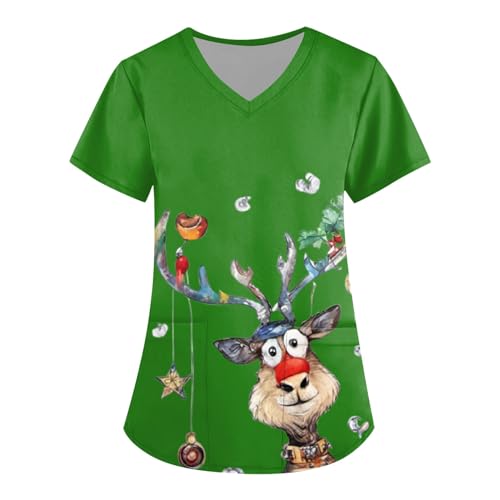 DHYUEN Arzt Kostüm Damen V-Ausschnitt Damen Pflege Mit Weihnachten Kordelzug Medizinische Berufsbekleidung Weihnachten Motiv Bunt Pflege Kasack Medizinischer Arbeitskleidung Pflege Damen(Grün,L)