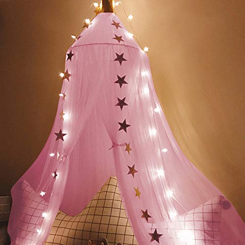Image of Jolitac Princess Bed Canopy, Room Decor Round Lace Mosquito Net Play Tent Reading Nook Canopies Yarn Dome Netting Castle (Rose)