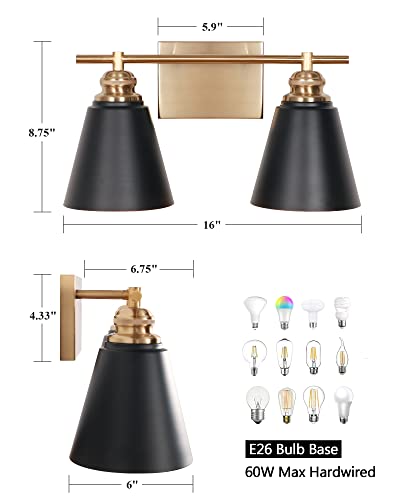 Image of 16-Inch 2-Light Black and Gold Farmhouse Bathroom Vanity Light | Metal shades, white interiors, 2 E26 sockets (60W max, no bulbs), dimmable, ETL listed, hardware, for mirror & bedroom