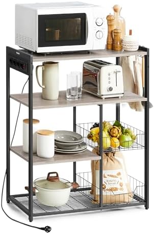 VASAGLE Kitchen Shelf with Sockets, 2 Mesh Baskets, Microwave She...