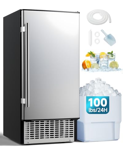 JFHID 15W Commercial Ice Maker 100 lbs/24H Stainless Steel Under Counter Ice Machine with 30 lbs Storage Bin Freestanding Water Filter Self-Cleaning & Timer for Home Bar Restaurant