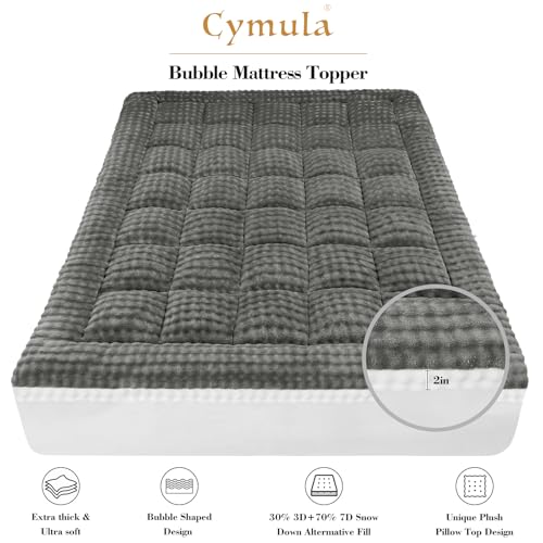 Image of Cymula Full Size Mattress Topper for Winter Fleece Bubble Pillow Top Mattress Pad with 8-21 Inch Elasticated Deep Pockets, Plush Down Alternative Fill Warm Fuzzy Mattress Protector, Grey