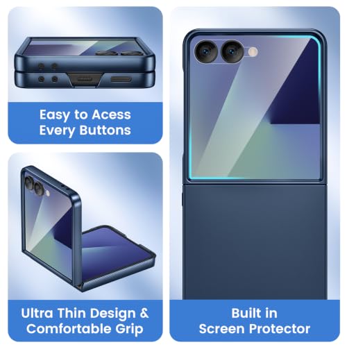 Image of Ruky for Galaxy Z Flip 8 Case, with Built-in Screen Protector, Dark Blue | Hard PC Ultra Slim Anti-Scratches Wireless Charging, HD Clearly Shockproof Phone Case for Samsung Galaxy Z Flip 8, Dark Blue