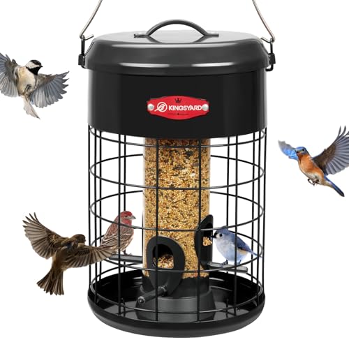Kingsyard Upgraded Squirrel Proof Caged Bird Feeder for Outdoor Hanging - Additional Storage Tube Bird Feeder with 4 Feeding Ports & Perches, Easy to Clean & Refill. Black