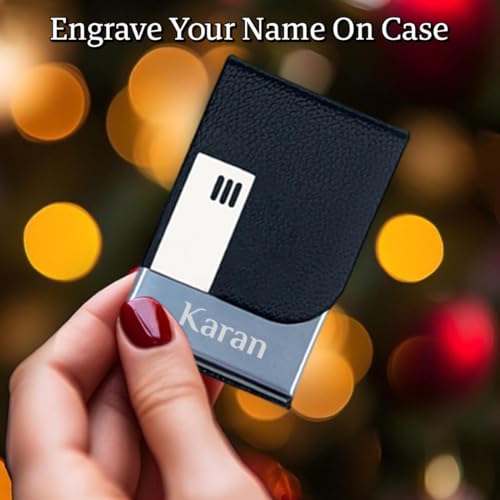 Image of FELSTAR Customized /Personalized Card Holder with Name Engraved, Leather Professional Business Visiting Card Holder /Credit Card Holders Men, Women Day Gift, Corporate Gift for Employees Black