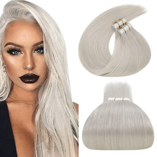 LaaVoo Blonde Tape in Extensions Remy Human Hair 14inch #60 Skin Weft Tape in Platinum Blonde Human Hair Extensions Natural Straight 20pcs 50g