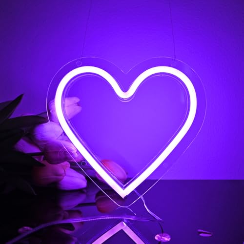 Image of Britrio Heart Neon Sign, Purple Love Neon Light Room Decor for Girl Bedroom LED Heart Lamp for Birthday Party Wall Decoration Home Decor Mothers Day Valentine Gifts Battery Operated or USB Powered