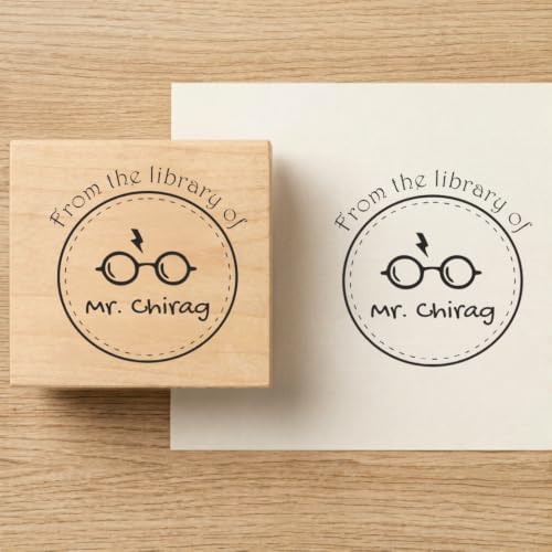 Image of Kunya Personalised Book Stamp with Your Name(3.5 cm Dia), customised for Stamping Books for Readers, Great Gift for booklovers, Kids, Teachers (HP Glasses)