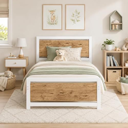 Image of Catrimown Twin Bed Frame with Headboard, Twin Metal Platform Bed Frame with Steel Slat Support, 10.5 in Under Bed Storage, No Box Spring Needed, Easy Assembly, White Brown