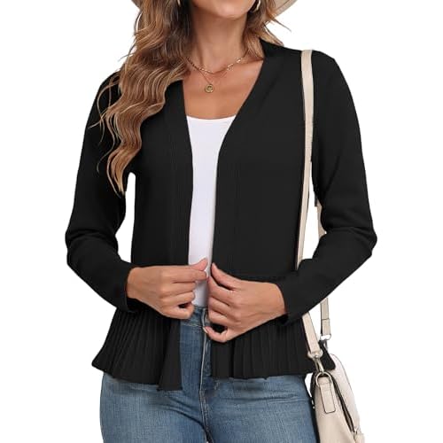 GRECERELLE Women Lightweight Casual Long Sleeves Cropped Cardigan Open Front Peplum Knit Sweater Outwear