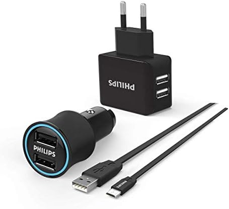Philips DLP2553EM Araç İçi Şarj Cihazı &amp; Duvar Şarj Cihazı &amp; Micro Usb Kablo Birarada Combo Ürün, Siyah