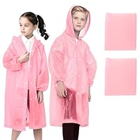 WOHSEROM 2 Pack Rain Ponchos for Kids Reusable,Thickened EVA Travel Raincoat Jacket with Hoods and Sleeves,Lightweight Light Pink Capes Ponchos for Boys and Girls Outdoor Camping Travel