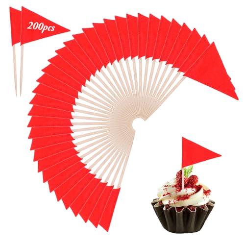 DOPENSPI 200PCS Solid Red Toothpick Flags, Small Mini Plain Blank Writable Red Triangle Stick Golf Cupcake Toppers Flag Toothpicks for Party Wedding Appetizers Buffet DIY Decorations