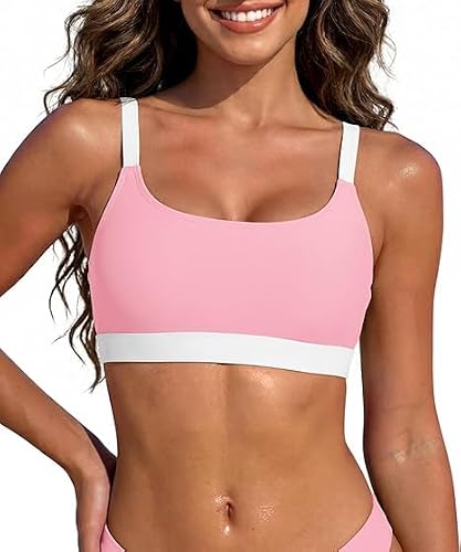 Image of Zando Pink/White Colorblock Women's Sporty Bikini Top Scoop Neck Swimwear Adjustable Padded Swim Bra Athletic Bathing Suit Tops Wide Underband Crop Top