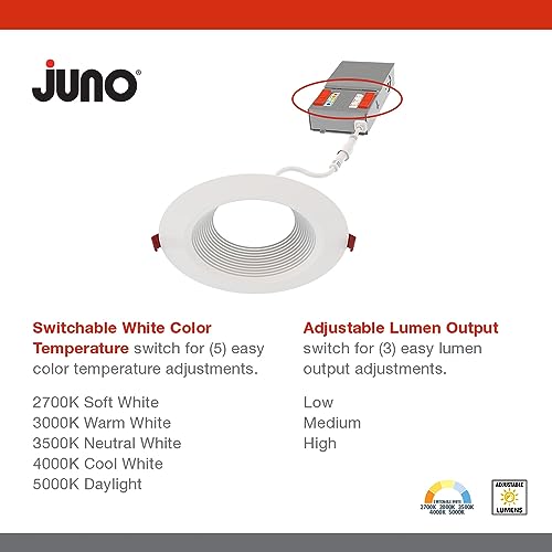Image of Juno LED Recessed Lights 6 Inch Round Wafer Downlight, 5-in-1 Switchable White Color Temperature, Adjustable Brightness, Deep Regressed Baffled Trim, 6-Inch, Matte White