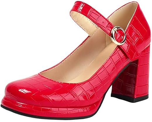 JKaur® Pattern women's sandal round head block heel buckle strap soft sole Sandal | Red - 42