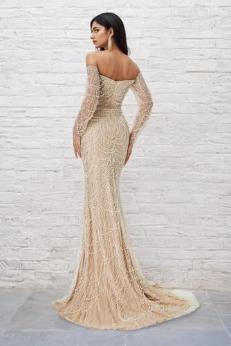 Mermaid/Trumpet Sexy Evening Dress Party Off-The-Shoulder Court Train Long Sleeves Prom Dress with Sequin 20243