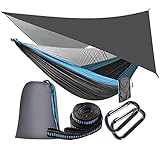 OTraki Hamaca con Mosquitera y Toldo Camping Carga 200 Kg Hamaca Camping Plegable Impermeable e Anti Mosquito Sombreado Hamaca Ultraligera para Acampar Exteriores Viajes Azul + Gris