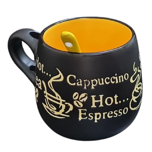Image of HiTechMart Ceramic Coffee Mug with Spoon - Stylish Black & Yellow Cup for Tea, Cappuccino, Espresso - Embossed Design, Unique Gift for Coffee Lovers Colour May Vary