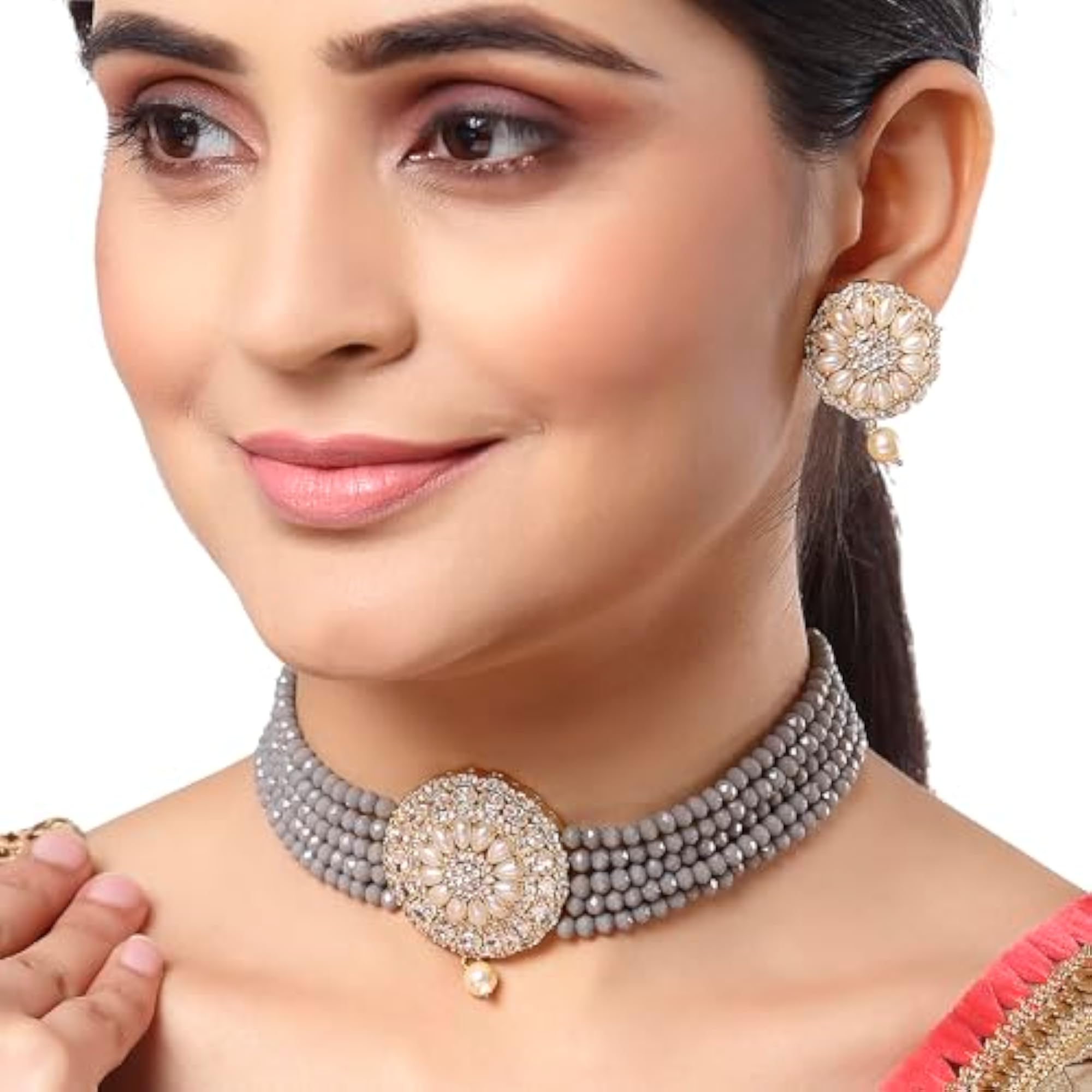American Diamond Plated Brass Pearl Choker Necklace Set