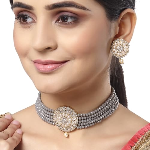 American Diamond Plated Brass Pearl Choker Necklace Set