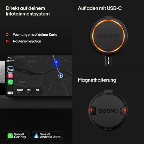 Ooono Co-Driver NO2 Car Optimized Model Speed Camera Alert Danger Rechargeable with LED Indicator Compatible with Apple CarPlay and Android Auto