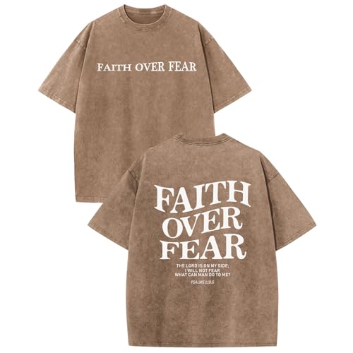 Image of Christian Faith Over Fear Shirt for Men Jesus Religious Shirts Oversized Graphic Tees Acid Wash God T-Shirt