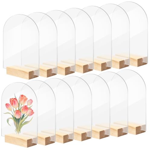 Image of Bercoor 15 Pack 4x6 Inch Blank Clear Arch Acrylic Sign with Wooden Stands, Arched Round Top Acrylic Sheet, DIY Acrylic Arch Table Numbers for DIY Name Card Gifts Event Party Sign Decoration