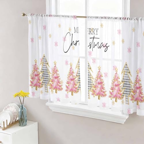 Hokiten Pink Christmas Tree Sheer Curtains 45 Inch Length 2
