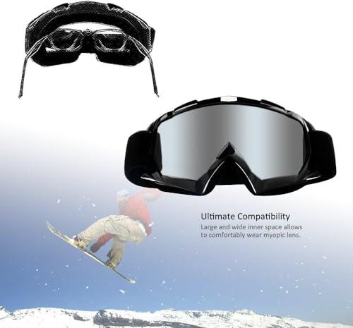 ActHose OTG Ski Goggles Snowboard Goggles for Men Women Anti Fog Over The Glasses Snow Goggles 100% UV400 Protection sandstorms strong winds and fog Black frame and Silver lens — view 3
