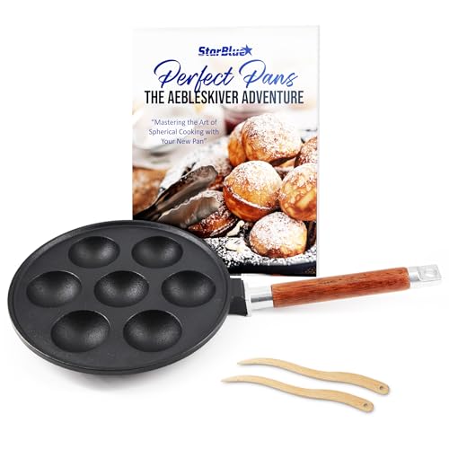 StarBlue Poêle Aebleskiver à 7 trous en fonte avec poignée amovible en bois, pré-enduite, bâtonnets Aebleskiver et livre de recettes inclus