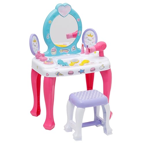 Baroni Toys Schminktisch für Kinder mit Spiegel, Hocker und 12 Zubehörteilen, Schminktisch für Mädchen, Spiegel für Mädchen, Rollenspiel für Kinder ab 36 Monaten, 48x32x71 cm, Einhörner
