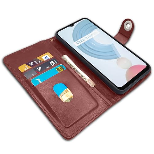 Image of Pikkme Realme C21y Flip Cover Leather Finish | Inside TPU with Card Pockets | Wallet Stand and Shock Proof | Complete Protection Button Flip Case (Brown)