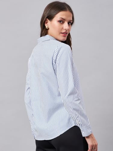 Image of Style Quotient Women Self Design Stripe Blue and White Polycotton Formal Shirt