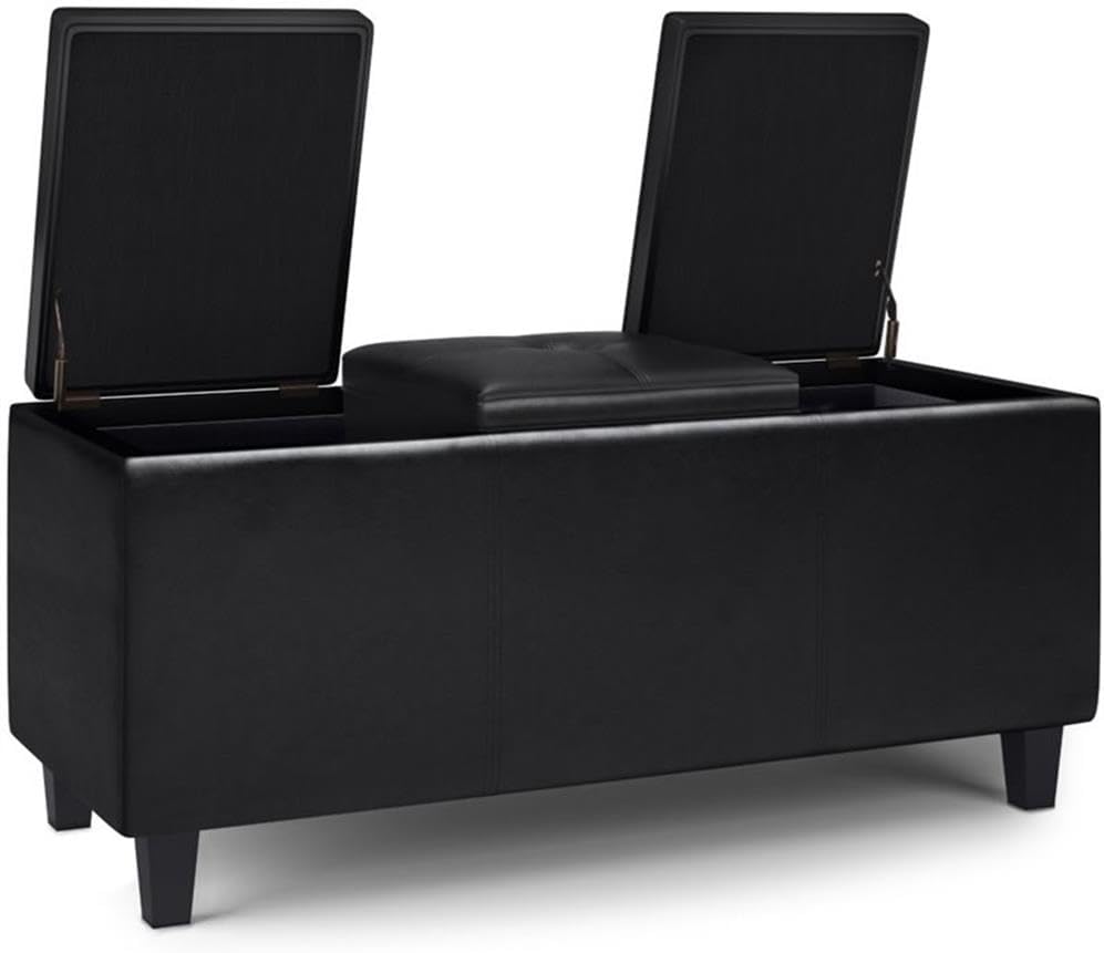 42"W Leather Storage Ottoman Bench with Trays, Upholstered Living Room Footrest with Large Storage Space, Black Button Tufted Storage Chest, Queen Size End of Bed Bench with Hidden Space for Blankets