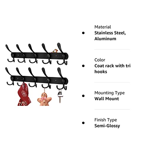 Bjiotun Coat Rack Wall Mounted 2 Pack Wall Hooks Stainless Steel Wall Hanger With 5 Tri Hooks For Hanging Coats Hats Towels Keys ( Black ) #TOP7