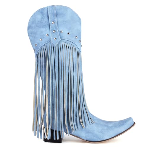 Image of KiutSymo Mid Calf Fringe Boots For Women Cowboy Pointed Toe Chunky Heels Cowgirl Western Tassel Boots