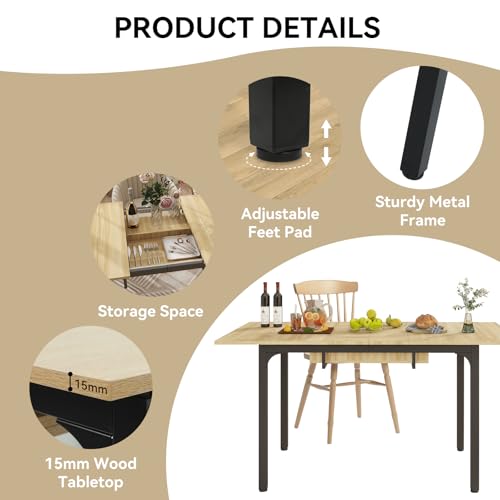 ARTETHYS Dining Table, 110-150cm Extendable Dining Table with Hidden Storage for 4-6 People, Large Kitchen Dinner Table with Metal Legs for Restaurant Home, Oak - Image 6