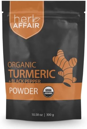 Herb Affair Organic Turmeric Root Powder - Black Pepper Added to Maximize Bioavailability - Great Spice to Add in Cooking - Curcuma Longa Powder with More Than 5% Curcumin