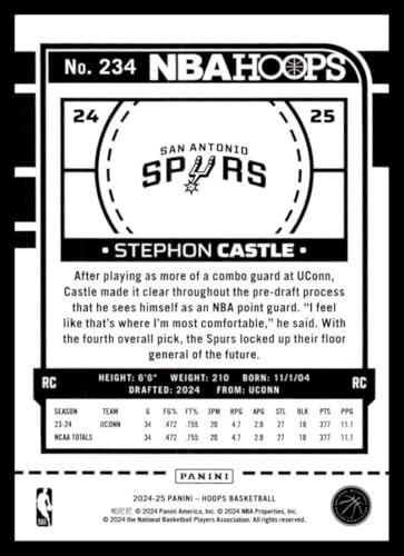 2024-25 Panini Hoops #234 Stephon Castle NM-MT RC Rookie Spurs Basketball Trading Card